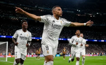 illustration representing Kylian Mbappé celebrating for Real Madrid