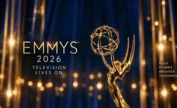 Golden television awards statuette on an illuminated stage.