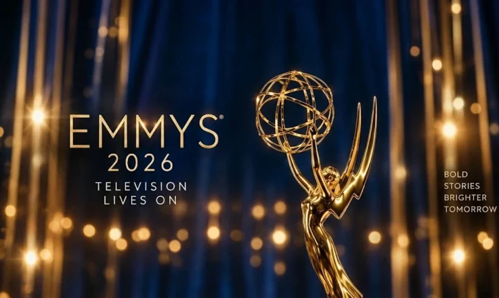 Golden television awards statuette on an illuminated stage.