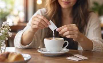 Woman pouring sweetener into coffee.
