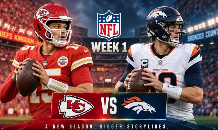 Patrick Mahomes and Bo Nix featured in a Chiefs vs Broncos Week 1 graphic.