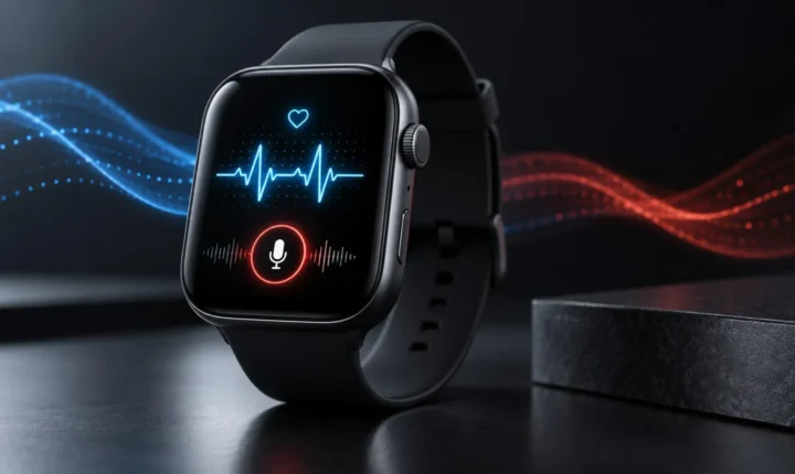 Smartwatch with health and audio symbols | Mid: Smartwatch audio protected by encrypted processing