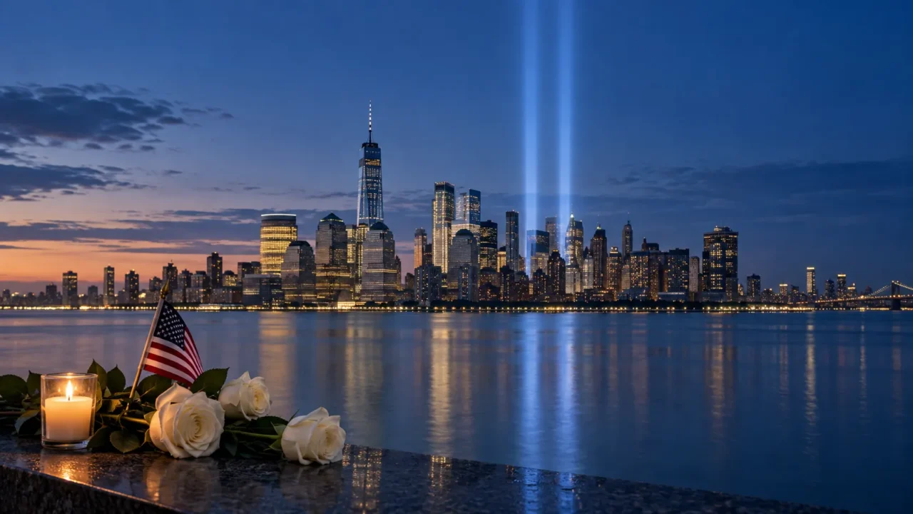 9/11 memorial lights over Lower Manhattan