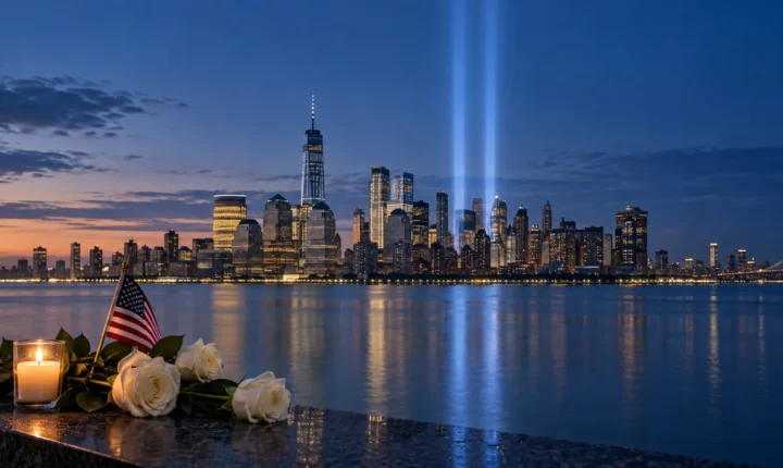 9/11 memorial lights over Lower Manhattan