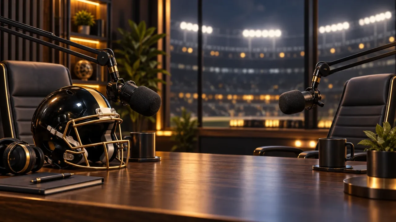 Football helmet and podcast microphones