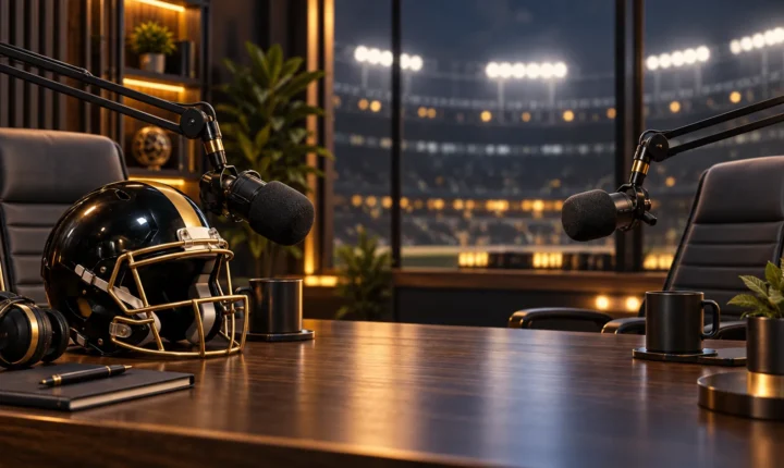 Football helmet and podcast microphones