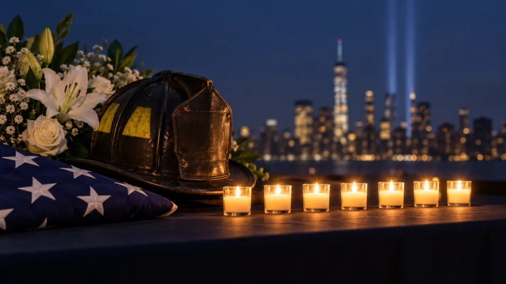 9/11 memorial lights over Lower Manhattan

