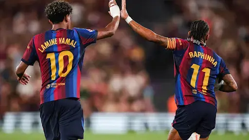 Lamine Yamal celebrates for Barcelona against Rayo Vallecano