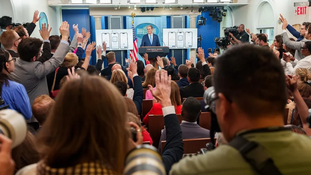 Treasury Secretary Scott Bessent at a White House briefing | Body: A child placing money into a savings bank