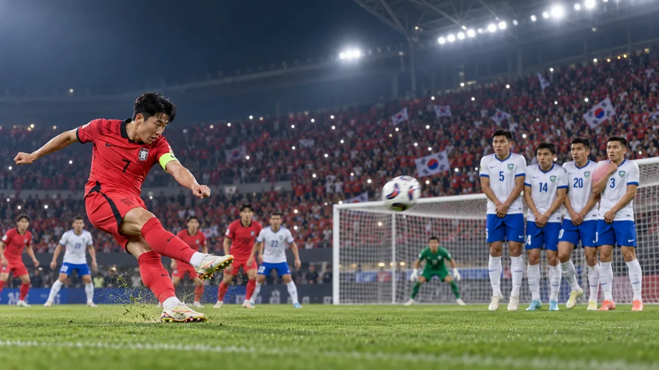 Son Heung-min takes a free kick against Uzbekistan