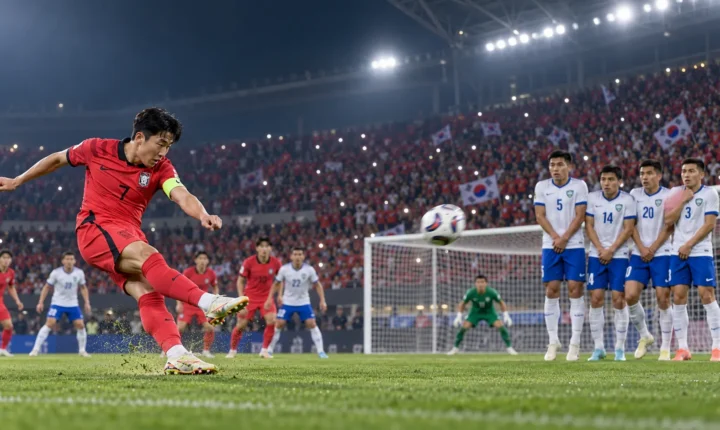 Son Heung-min takes a free kick against Uzbekistan