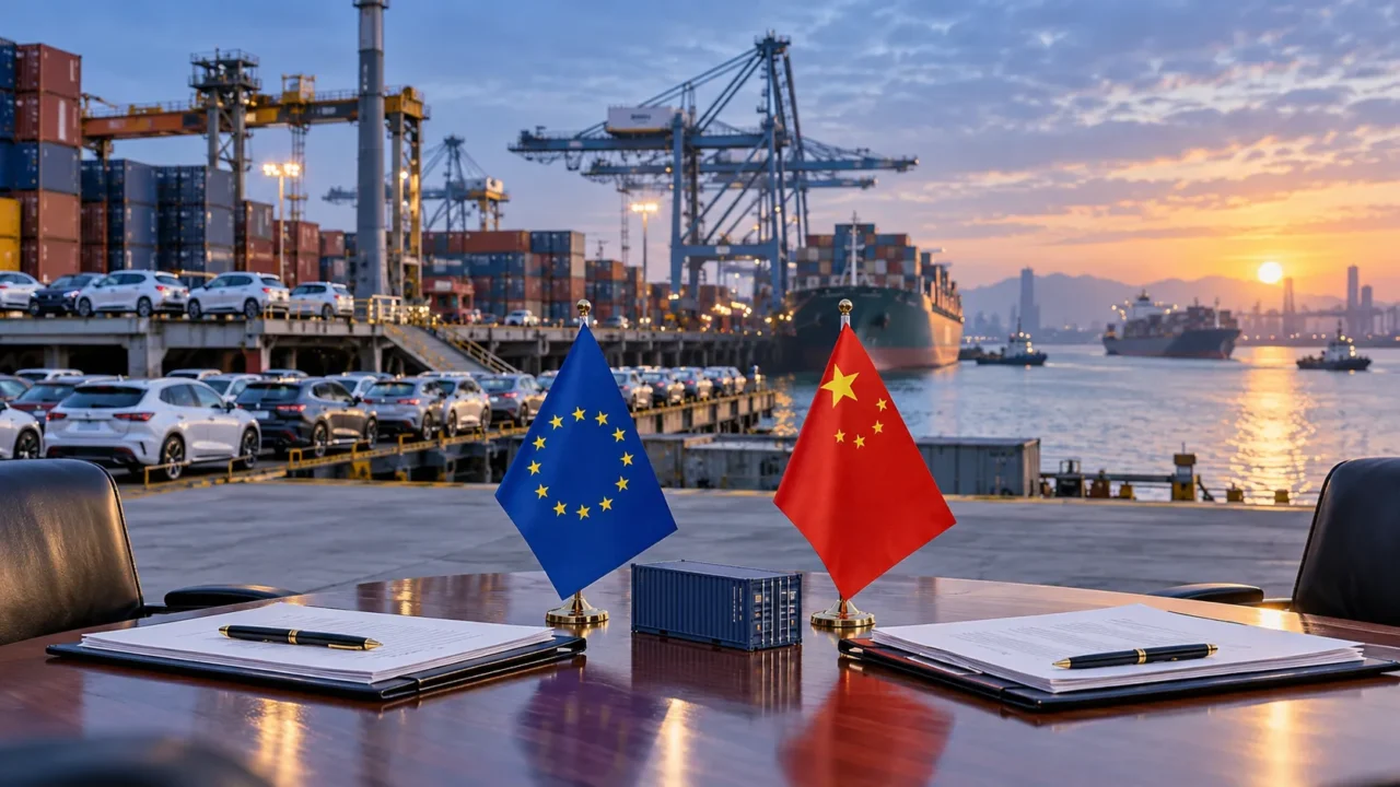 European Union and Chinese flags at an international cargo port
