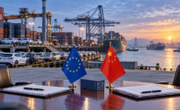 European Union and Chinese flags at an international cargo port