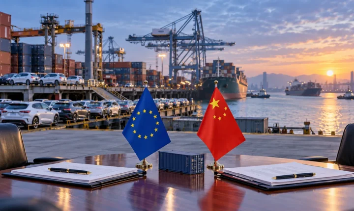 European Union and Chinese flags at an international cargo port